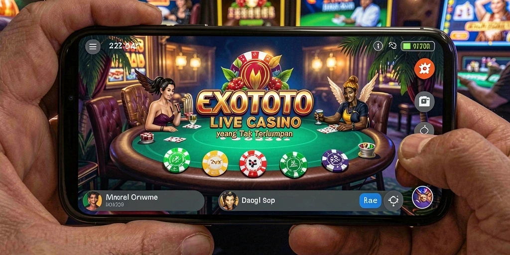 Screenshot gameplay EXOTOTO menampilkan dealer profesional dan suasana kasino yang menarik.