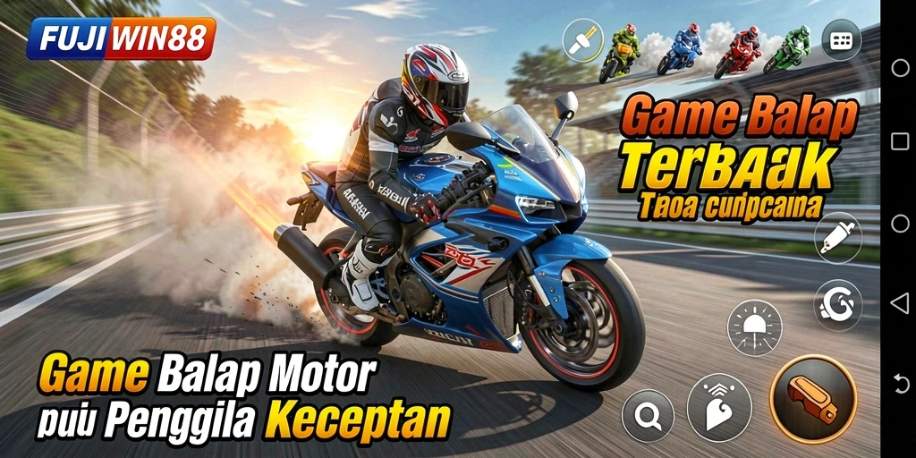 Screenshot gameplay FUJIWIN88 menampilkan balapan motor yang mendebarkan.