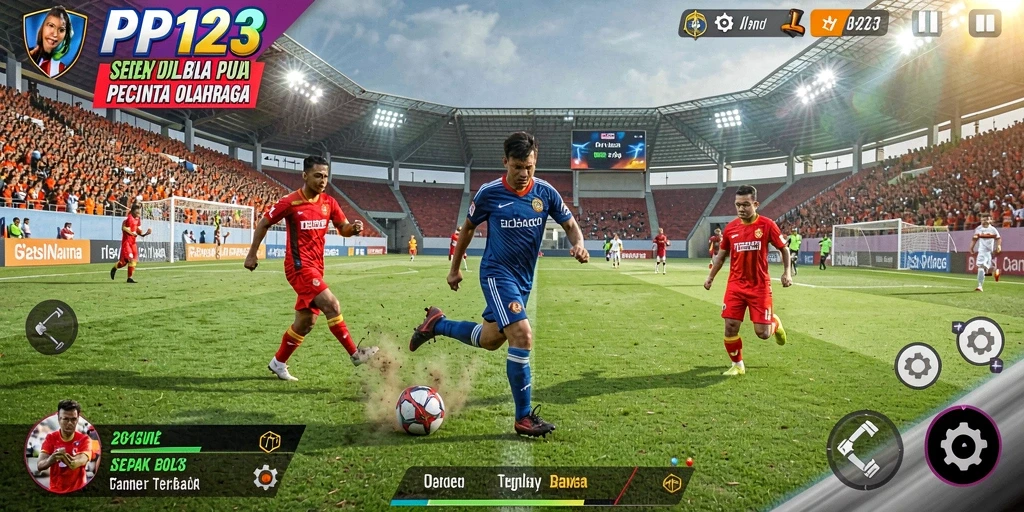 Screenshot menunjukkan gameplay mendebarkan PP123 dengan aksi sepak bola yang intens.