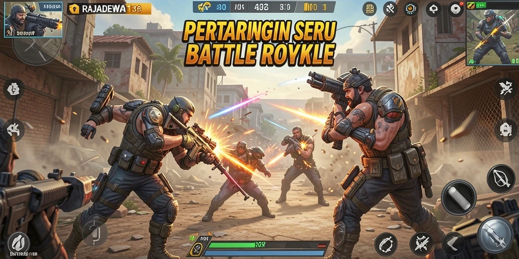 Screenshot gameplay RAJADEWA138 menampilkan suasana pertarungan seru Battle Royale.