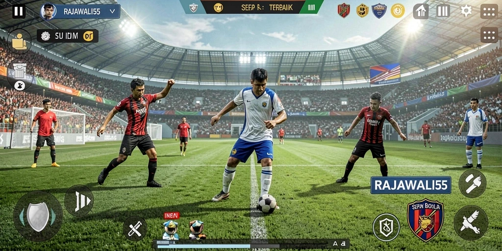 Screenshot RAJAWALI55 menampilkan gameplay sepak bola yang mendebarkan.